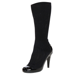 Chanel Black Stretch Fabric and Patent Leather Knit Sock Boots Size 36.5