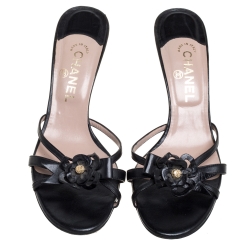 Pre Owned Chanel Black Leather Camellia Cut Embellished Slide Sandals Size 41.5