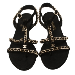 مملوكة مسبقًا صندل شانيل سويدي أسود سلسلة متداخلة مزخرفة بالشعار مقاس 39