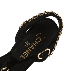 مملوكة مسبقًا صندل شانيل سويدي أسود سلسلة متداخلة مزخرفة بالشعار مقاس 39