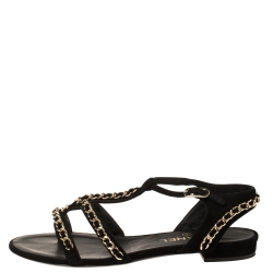 مملوكة مسبقًا صندل شانيل سويدي أسود سلسلة متداخلة مزخرفة بالشعار مقاس 39