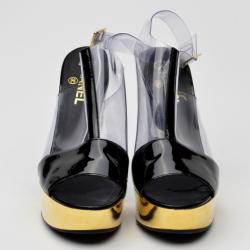 Pre Owned Chanel Transparent Gold and Black Patent Platform Sandals Size 38