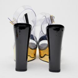 Pre Owned Chanel Transparent Gold and Black Patent Platform Sandals Size 38