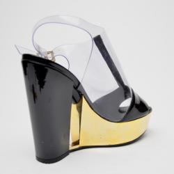 Pre Owned Chanel Transparent Gold and Black Patent Platform Sandals Size 38
