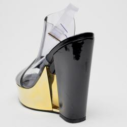 Pre Owned Chanel Transparent Gold and Black Patent Platform Sandals Size 38