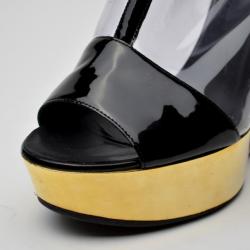 Pre Owned Chanel Transparent Gold and Black Patent Platform Sandals Size 38