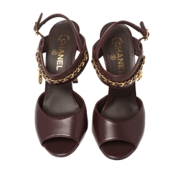 Pre Owned Chanel Burgundy Leather Chain CC Detail Slingback Sandals Size 39C