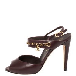 Pre Owned Chanel Burgundy Leather Chain CC Detail Slingback Sandals Size 39C