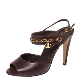 Pre Owned Chanel Burgundy Leather Chain CC Detail Slingback Sandals Size 39C