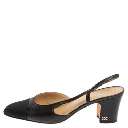 Pre Owned Chanel Black Leather And Canvas CC Cap-Toe Slingback Sandals Size 39