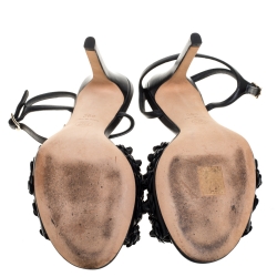 Pre Owned Chanel Black Leather Camellia Applique Ankle Strap Sandals Size 39C