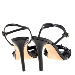Pre Owned Chanel Black Leather Camellia Applique Ankle Strap Sandals Size 39C