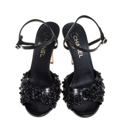 Pre Owned Chanel Black Leather Camellia Applique Ankle Strap Sandals Size 39C
