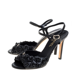 Pre Owned Chanel Black Leather Camellia Applique Ankle Strap Sandals Size 39C