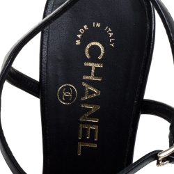 Pre Owned Chanel Black Leather Camellia Applique Ankle Strap Sandals Size 39C