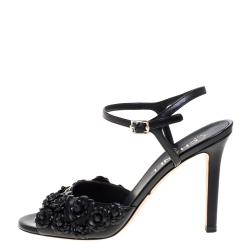 Pre Owned Chanel Black Leather Camellia Applique Ankle Strap Sandals Size 39C