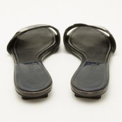 Pre Owned Chanel Navy and Black Leather CC Logo Slides Size 37.5