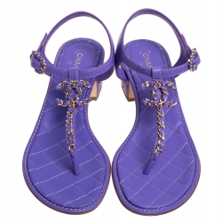 Pre Owned Chanel Purple Leather CC Chain Link Thong Sandals Size 38