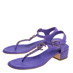 Pre Owned Chanel Purple Leather CC Chain Link Thong Sandals Size 38