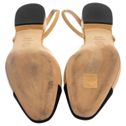 Pre Owned Chanel Beige/Black Leather and Canvas Cap Toe Slingback Sandals Size 38.5