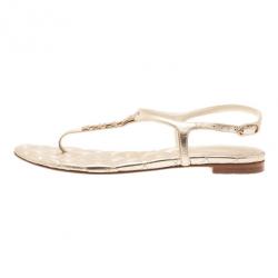 Pre Owned Chanel Gold Leather Star T-Strap Thong Sandals Size 37.5