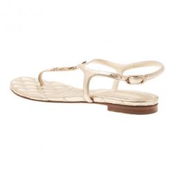 Pre Owned Chanel Gold Leather Star T-Strap Thong Sandals Size 37.5