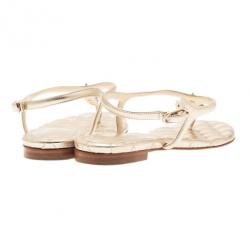 Pre Owned Chanel Gold Leather Star T-Strap Thong Sandals Size 37.5