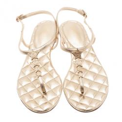 Pre Owned Chanel Gold Leather Star T-Strap Thong Sandals Size 37.5