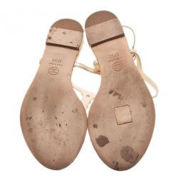 Pre Owned Chanel Gold Leather Star T-Strap Thong Sandals Size 37.5