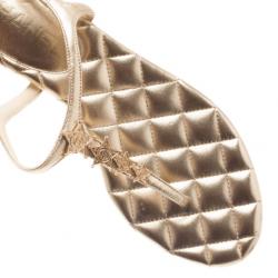 Pre Owned Chanel Gold Leather Star T-Strap Thong Sandals Size 37.5