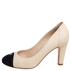 Pre Owned Chanel Beige And Black Leather CC Cap Toe Pumps Size 38