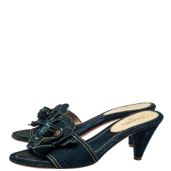 Chanel Blue Denim Camellia Mules Sandals Size 37