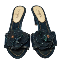 Chanel Blue Denim Camellia Mules Sandals Size 37