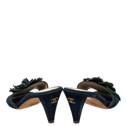 Chanel Blue Denim Camellia Mules Sandals Size 37