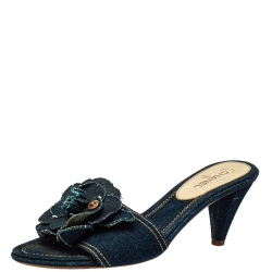 Chanel Blue Denim Camellia Mules Sandals Size 37