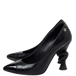 Pre Owned Chanel Black Leather and Patent Cap Toe Block Heel Pumps Size 40