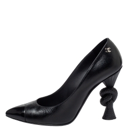 Pre Owned Chanel Black Leather and Patent Cap Toe Block Heel Pumps Size 40