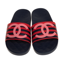 Pre Owned Chanel Blue/Red Rubber CC Flat Slides Size 38