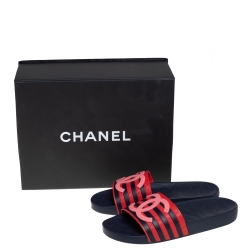 Pre Owned Chanel Blue/Red Rubber CC Flat Slides Size 38