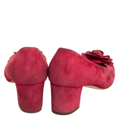 Pre Owned حذاء كعب عالي شانيل كاميليا كعب سميك سويدي أحمر مقاس 37.5