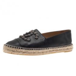 Pre Owned Chanel Black Leather Camellia Studded Espadrilles Size 40