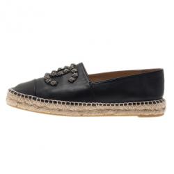 Pre Owned Chanel Black Leather Camellia Studded Espadrilles Size 40
