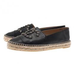 Pre Owned Chanel Black Leather Camellia Studded Espadrilles Size 40