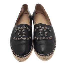 Pre Owned Chanel Black Leather Camellia Studded Espadrilles Size 40