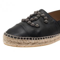 Pre Owned Chanel Black Leather Camellia Studded Espadrilles Size 40