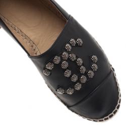 Pre Owned Chanel Black Leather Camellia Studded Espadrilles Size 40