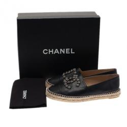 Pre Owned Chanel Black Leather Camellia Studded Espadrilles Size 40