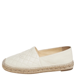 مملوكة مسبقًا Chanel White Quilted Leather CC Espadrille Flats Size 39