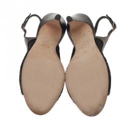 Pre Owned Chanel Black Cutout Leather CC Slingback Sandals Size 39