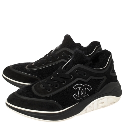 Pre Owned Chanel Black Suede And Fabric CC Low Top Sneakers Size 38